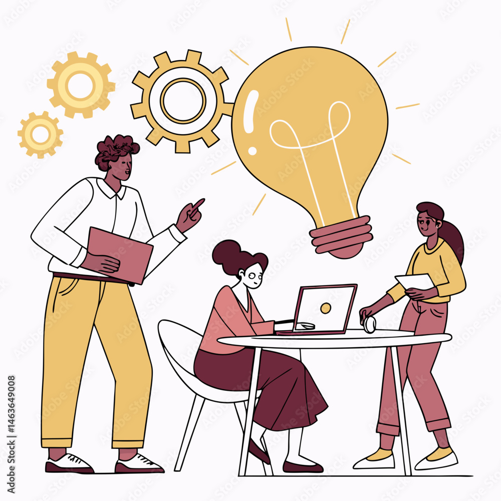 Poster team collaborating on a new idea with a lightbulb symbolizing innovation