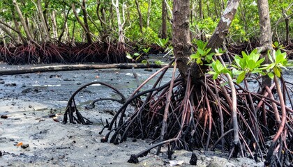 Mangrove tree roots exhibiting unique structural adaptations in a wetland environment, showcasing biodiversity and ecosystem resilience
