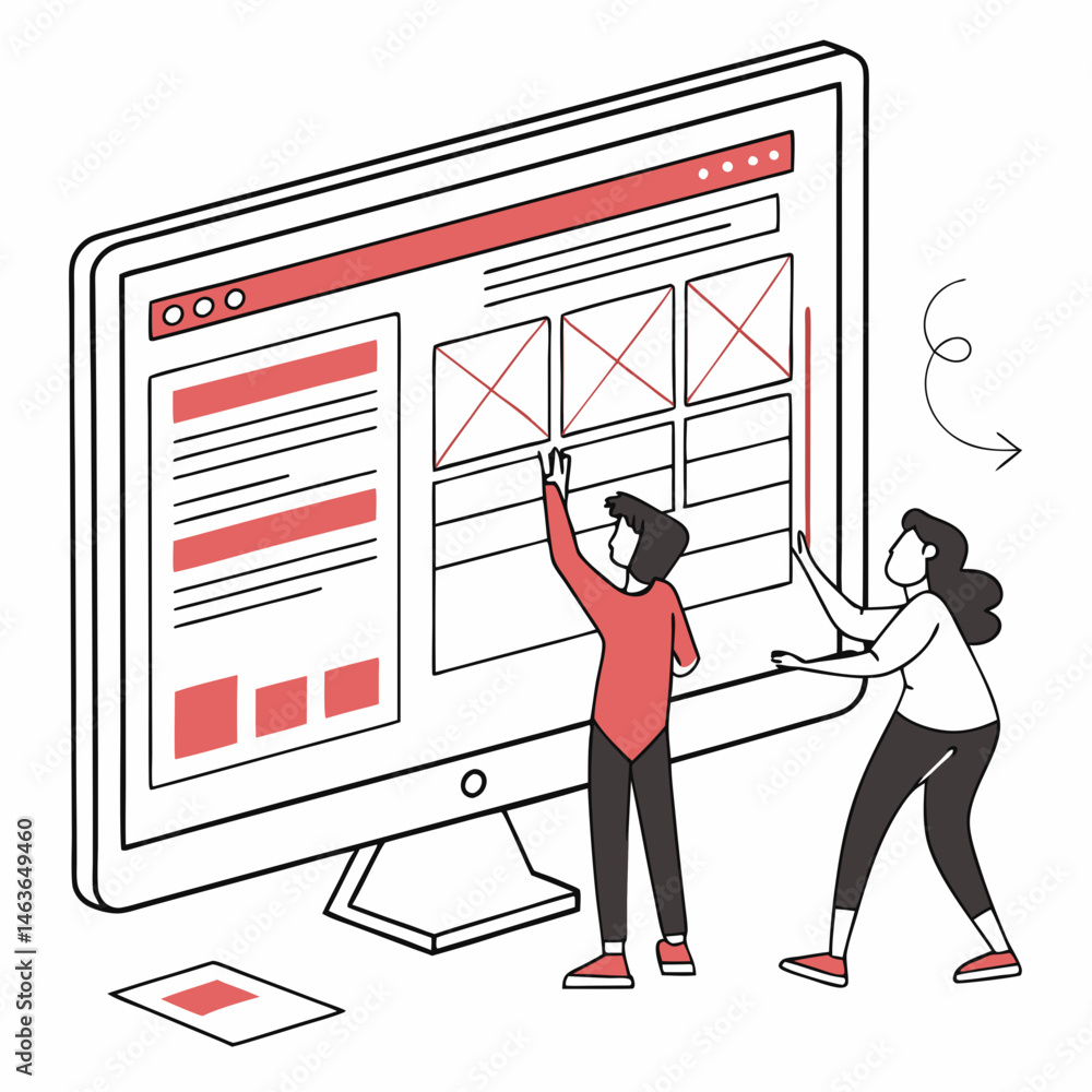 Poster web design process illustration with individuals working on a mockup interface on screen