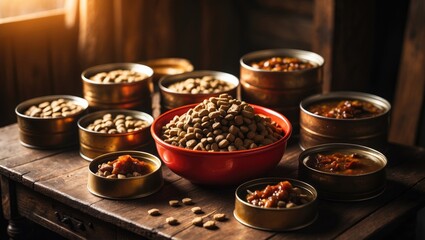 Pet food types: wet and dry laid out on the table