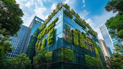 Fototapeta premium A glass-clad office building with greenery integrated into its structure, trees lining its base and vertical gardens cascading down the facade, creating a sustainable urban landmark 