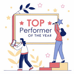 Top performer of the year illustration with two people and star award elements