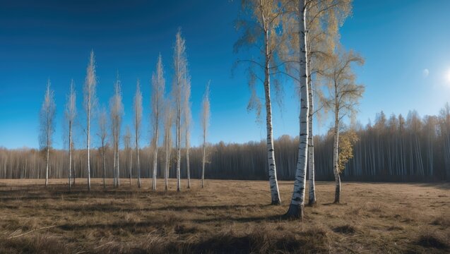 Serene scene of twin birch trees in an open field with a surrounding forest of slender birch trees under a bright blue sky.
