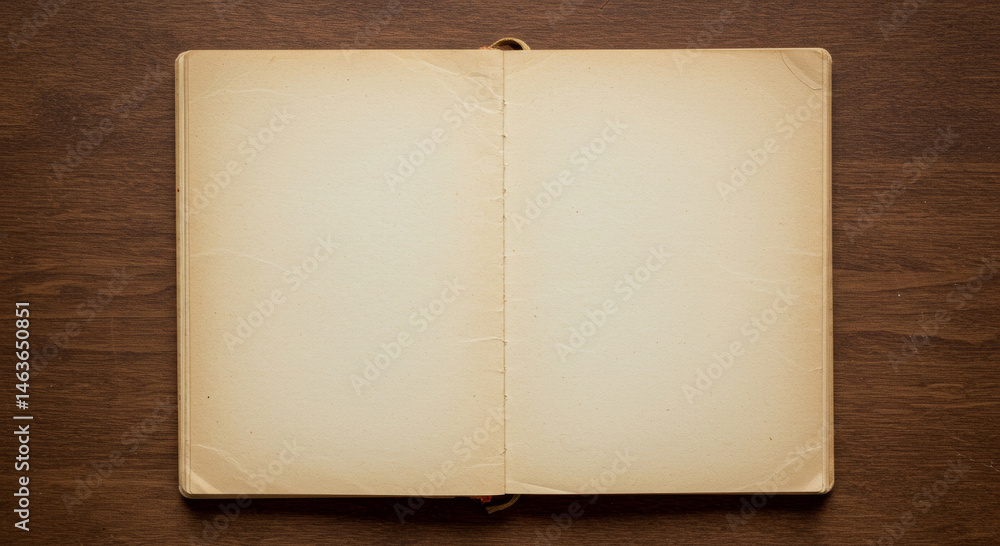 Poster open vintage notebook resting on a wooden surface. flat lay view of blank pages with aged texture. s