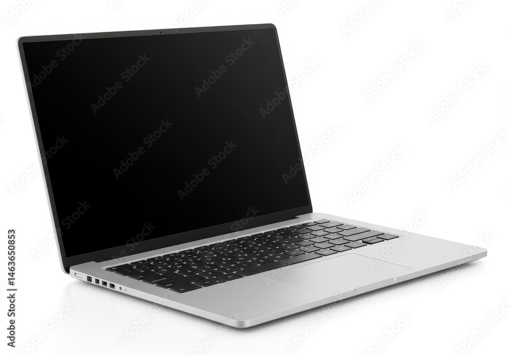 Poster silver laptop computer with a blank screen and keyboard on a white background, angled view