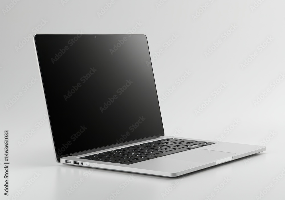 Poster sleek silver laptop with a blank screen displayed on a white surface in a minimalist studio setting