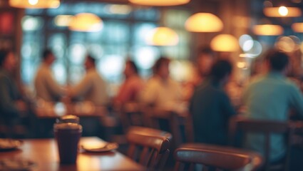 Blurry background of restaurant and cafe interior with coffee, people, and vintage decor