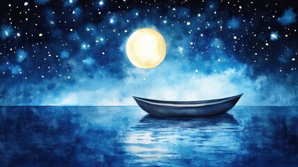 Serene night scene small boat on calm water under a full moon and starry sky