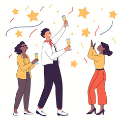 Celebration with champagne and confetti: friends toasting under the falling stars