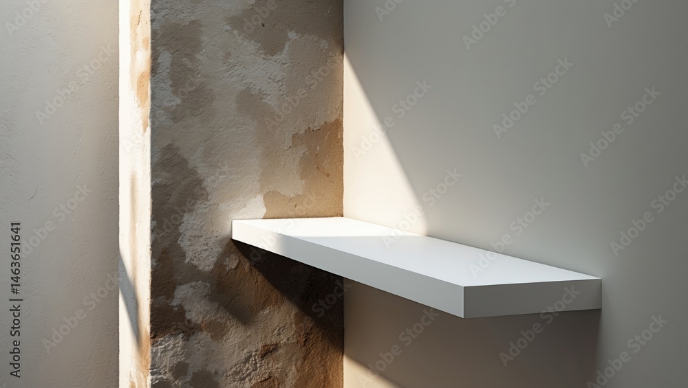 Poster minimalist wall shelf on textured wall with abstract pattern for mock-up presentation and copy space