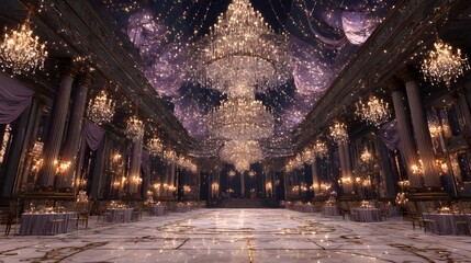 Step into grand ballroom with crystal chandelier, opulent masked ball décor, and luxurious marble dance floor ambiance