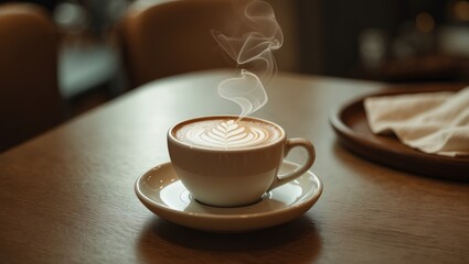 Fototapeta premium Delicious coffee served in a mug with artistic foam design