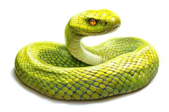 Close-up of a vibrant green snake on a white background, highlighting its scales and eye, a dangerous wild reptile - Powered by Adobe