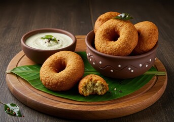 South indian vada served with coconut chutney on a wooden board with a banana leaf, a popular savory snack