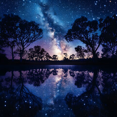 Celestial Symphony: A Lake's Reflection of the Star-Studded Milky Way in Tranquil Harmony