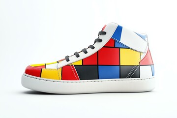 Colorful artistic high-top sneaker on white background.