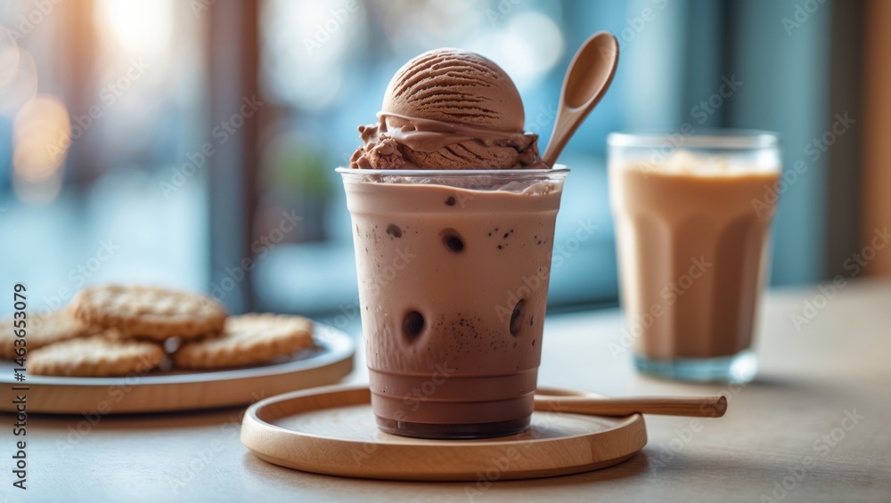 Poster frappe with ice cream and cocoa on table