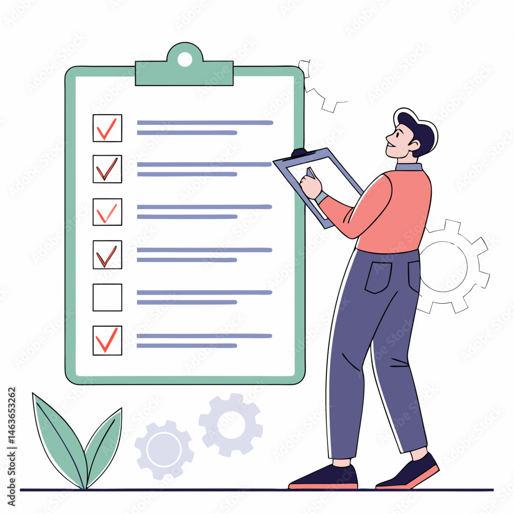 Poster man reviews checklist for project management and task completion efficiently