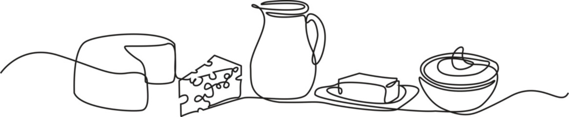 Dairy products in continuous line art drawing style. Cheese, milk, butter and sour cream black linear sketch isolated on white background. Vector illustration, editable stroke.