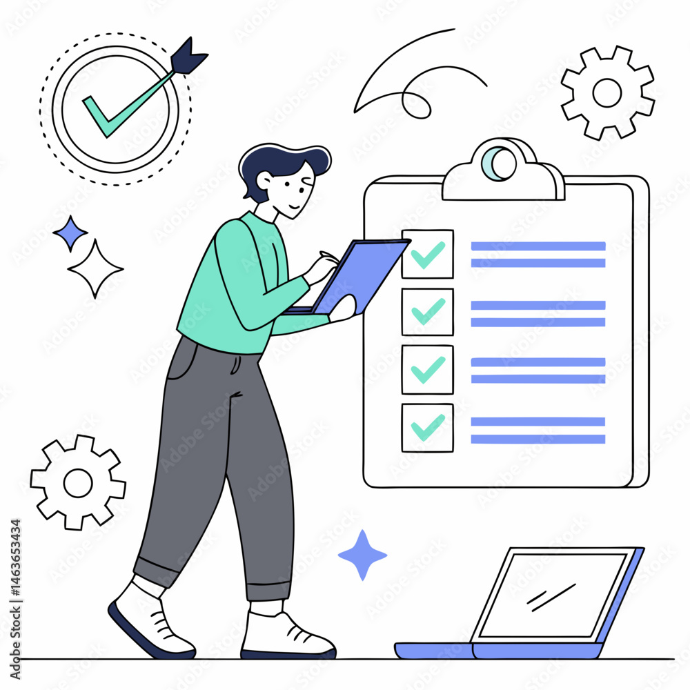 Poster businessman completing tasks with checklist and laptop achieving goals efficiently