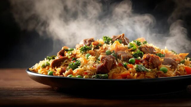 Steaming Hot Delicious Meat Rice Dish with Vegetables A Perfect Food Photograph