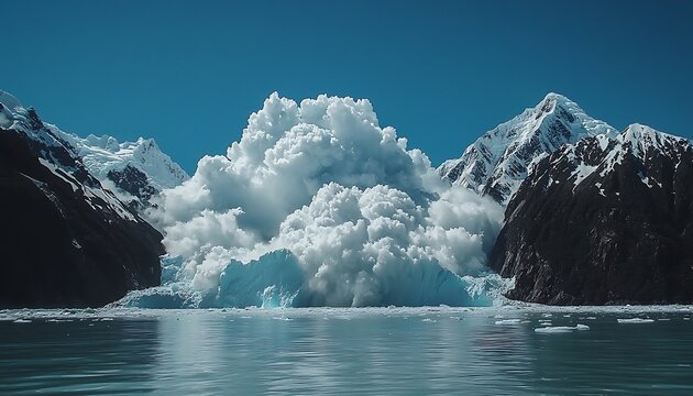 Glacial ice calving into turquoise water, dramatic white cloud