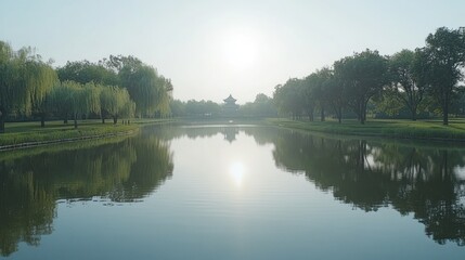 Obraz premium Serene water reflection of trees and pavilion in a tranquil park