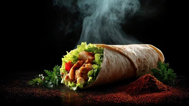 Delicious Chicken Wrap with Fresh Salad and Spices Steaming Hot Food