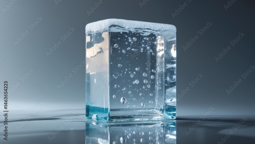Poster frozen ice block with natural frost texture and reflective mirrored surface