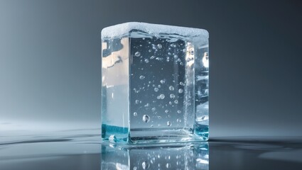 Frozen ice block with natural frost texture and reflective mirrored surface