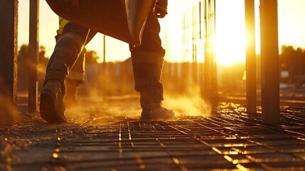 Construction Worker Walking on Rebar at Sunset