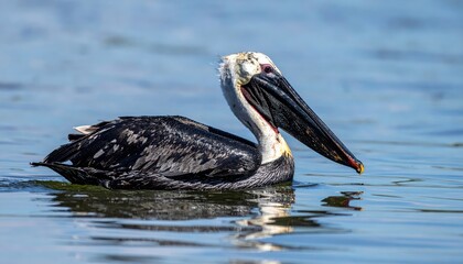 Brown pelican swimming gracefully in calm water with vibrant reflections under natural sunlight