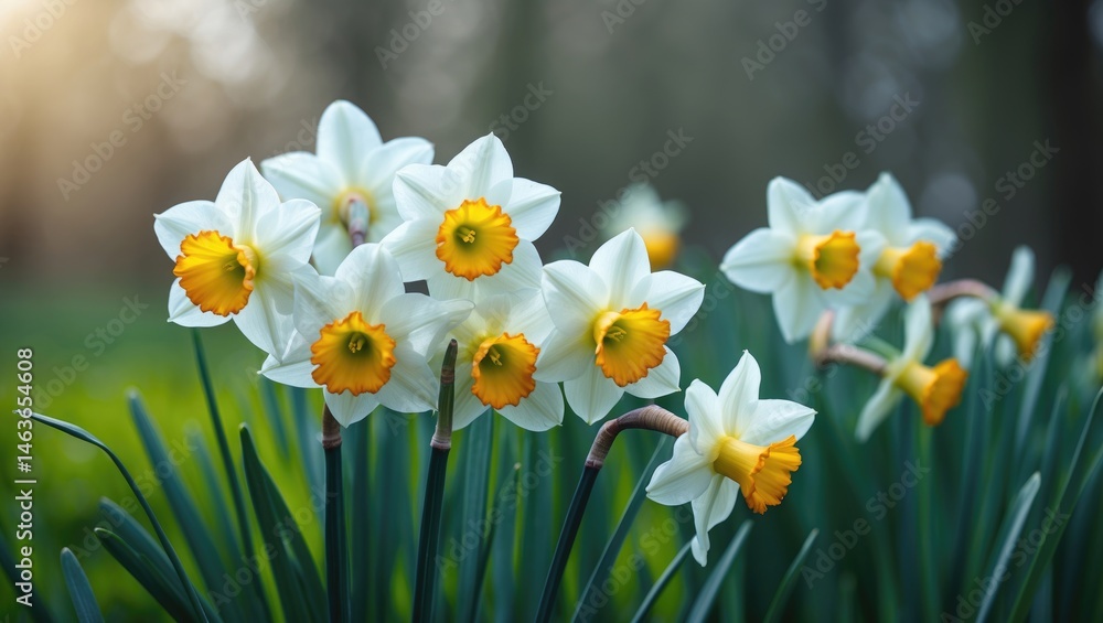 Poster flowering narcissus and white daffodils. shallow depth of field with selective focus on blooms.