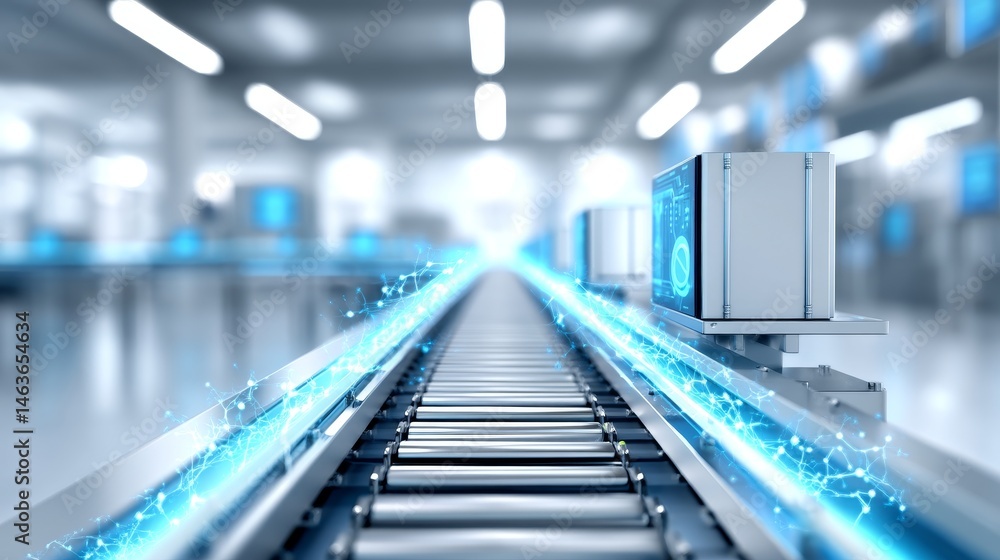 Poster automated factory production line - futuristic conveyor belt system in a clean automated factory, sh