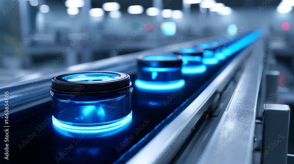 Poster automated production line with illuminated containers - close-up view of glowing containers moving a