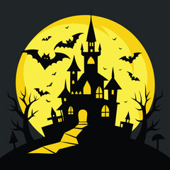 Haunted Castle Silhouette with Flying Bats and Full Moon Background for Halloween Night Scene
