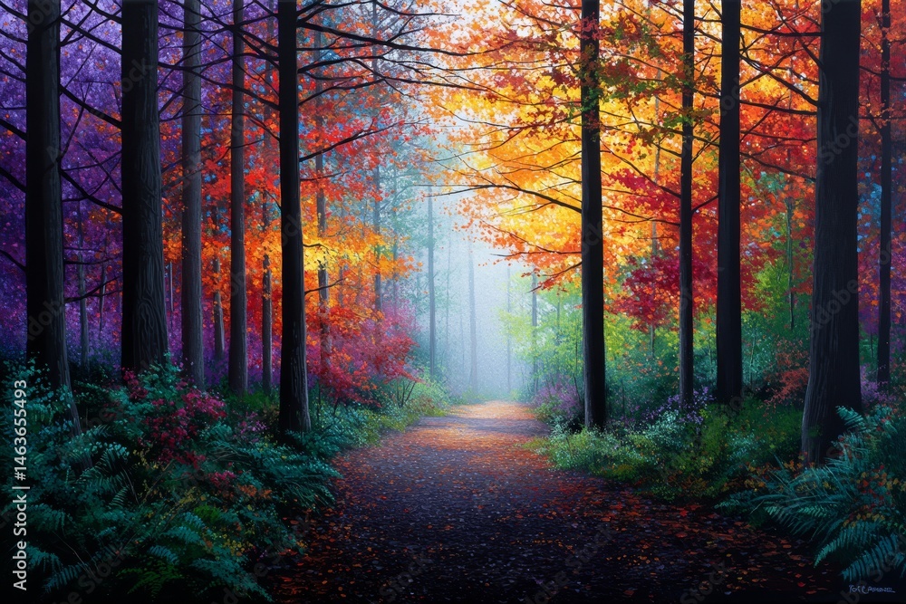 Poster autumn path through enchanted forest - a magical autumn scene, a path winds through a forest with vi