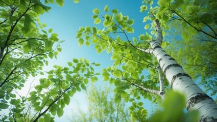 Fototapeta premium Close-up of a birch tree with vibrant green leaves and blossoms during early spring morning