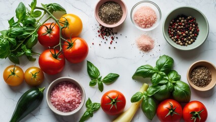 Fresh vegetables, herbs, and spices displayed on a white marble kitchen table from above.
