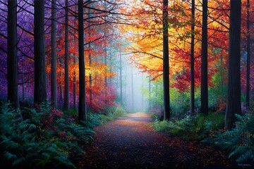 Obraz premium Autumn Path Through Enchanted Forest - A magical autumn scene, a path winds through a forest with vibrant purple, red, orange, and yellow trees, bathed in soft morning light