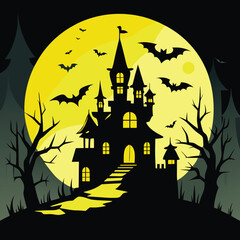 Haunted Castle Silhouette with Flying Bats and Full Moon Background for Halloween Night Scene
