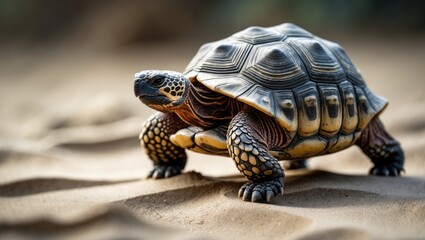Fototapeta premium Leopard tortoise crawling gently over desert sand