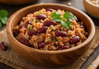 Close-up of rice and beans in a wooden bowl garnished with parsley on a burlap mat for a rustic presentation