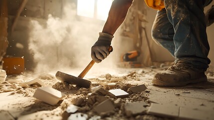 Construction Worker Using Hammer to Break Concrete