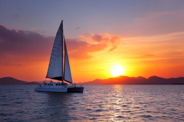 Catamaran Sunset Sail Phuket - Serene sunset, catamaran sailing, tranquil ocean, vibrant colors, peaceful escape. Symbolizes adventure, freedom, serenity, relaxation, escape