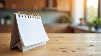 White paper desk calendar on wood table with blurred bokeh background appointment and business meeting concept