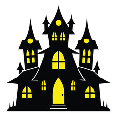 Cartoon Haunted House with Yellow Windows and Twisted Architecture Isolated on White Background
