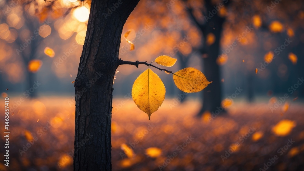 Aufkleber tree trunks and leaves illuminated by sunlight in a park setting during fall