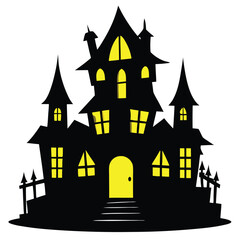 Cartoon Haunted House with Yellow Windows and Twisted Architecture Isolated on White Background

