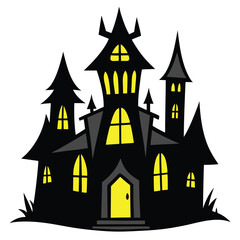 Cartoon Haunted House with Yellow Windows and Twisted Architecture Isolated on White Background
